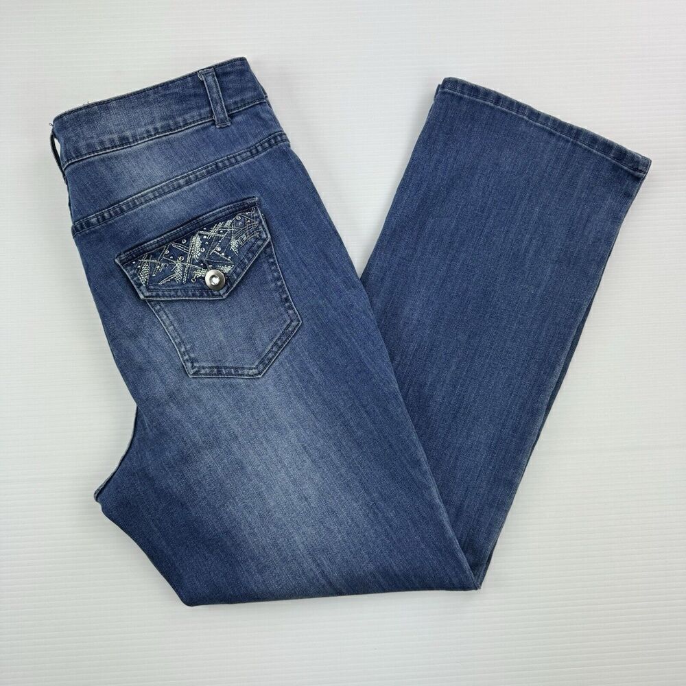 Secrets David Vered Jeans 10 Blue Straight Leg Embellished Flap Pocket Y2K